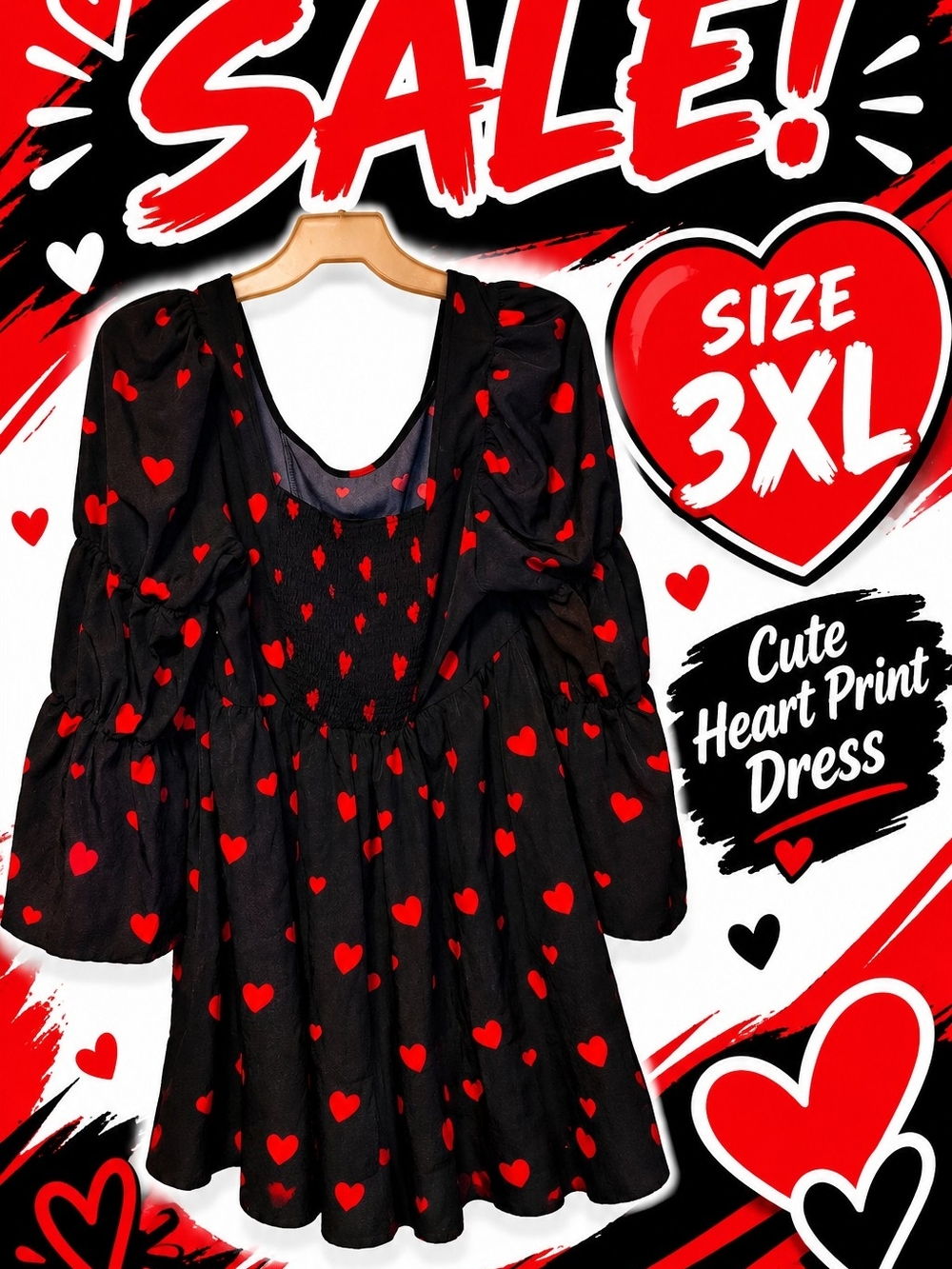 Black & Red Heart Print Dress - Cute Puff Sleeve Dress
